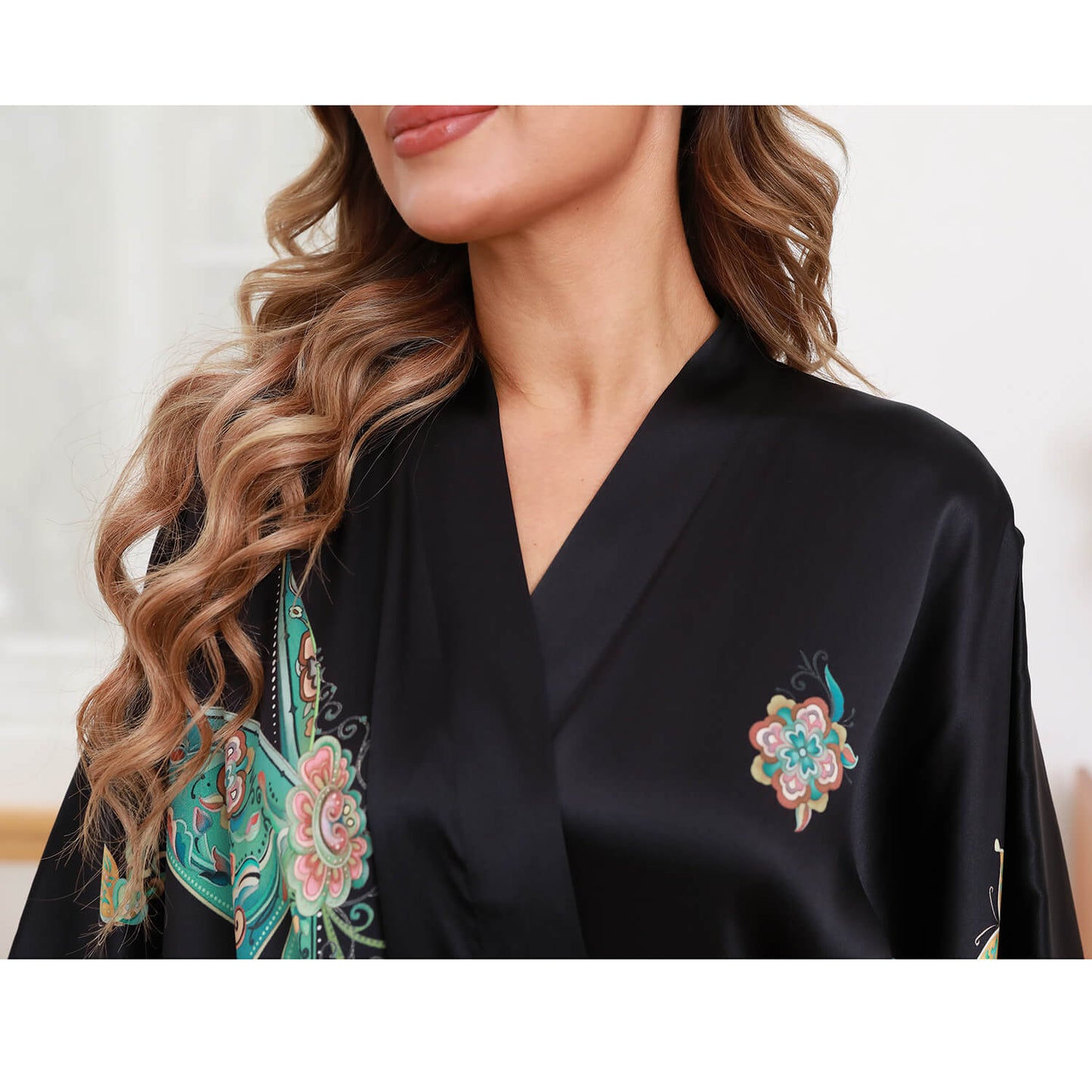 Womens Floral 100% pure silk kimono Robes Mulberry Silk Dressing Gown