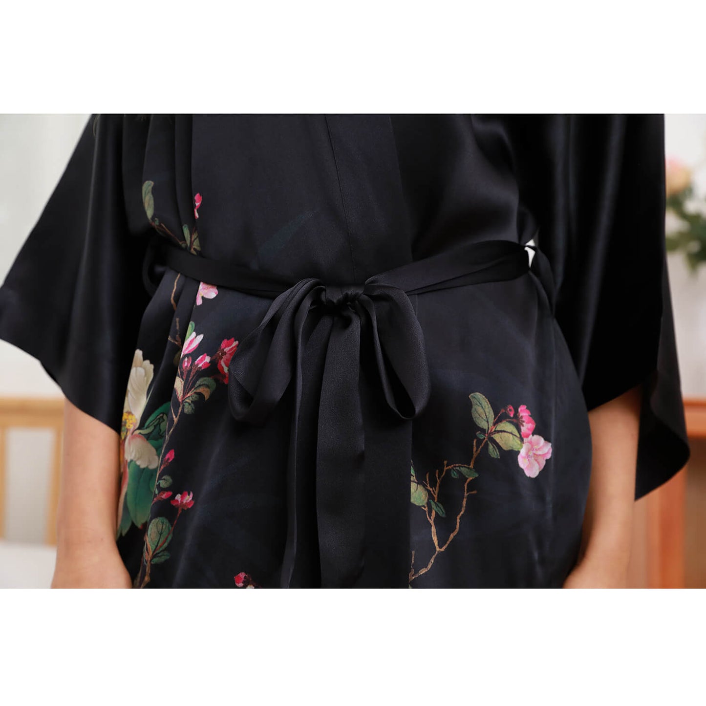 women's floral pure Silk Kimono Robes with Belt Mulberry Silk Bathrobe