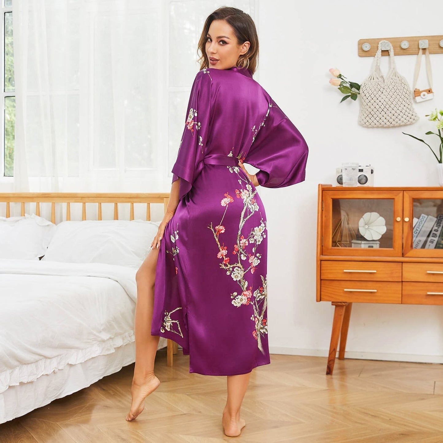 women's long Blossom Printing pure Silk Kimono Robes Silk Bathrobe