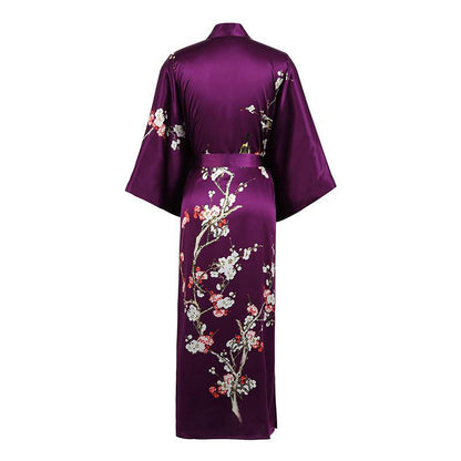 women's long Blossom Printing pure Silk Kimono Robes Silk Bathrobe