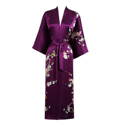 women's long Blossom Printing pure Silk Kimono Robes Silk Bathrobe