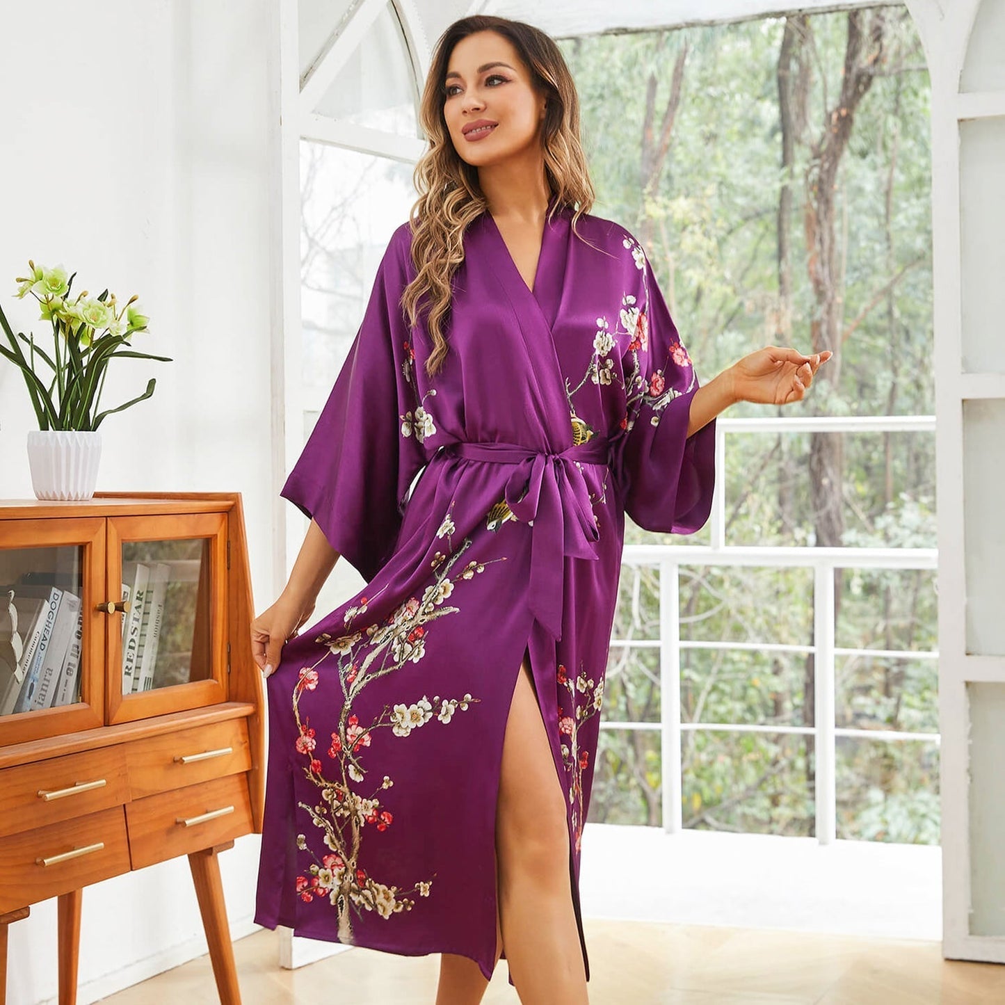 women's long Blossom Printing pure Silk Kimono Robes Silk Bathrobe