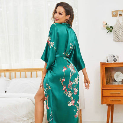 women's long Blossom Printing pure Silk Kimono Robes Silk Bathrobe