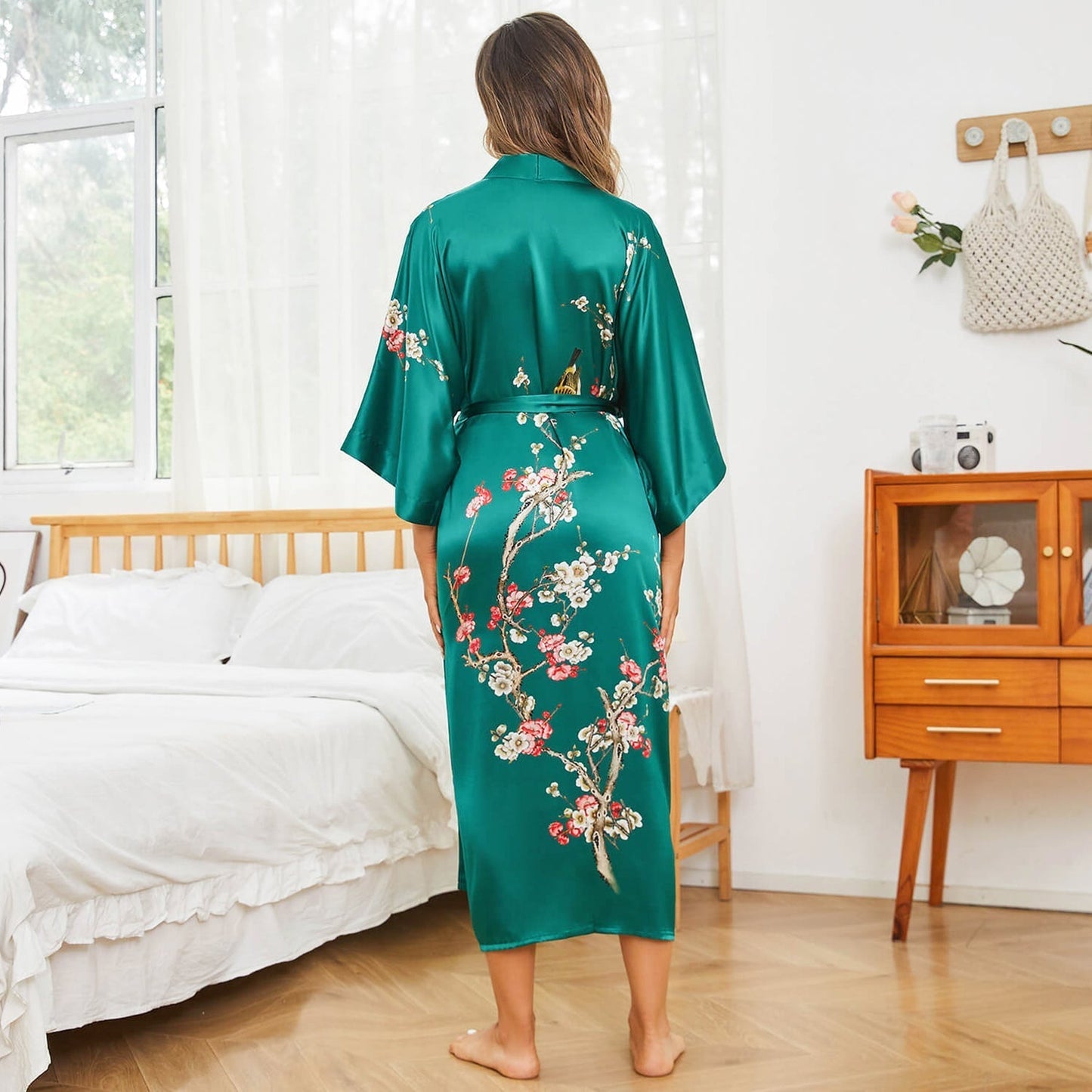 women's long Blossom Printing pure Silk Kimono Robes Silk Bathrobe