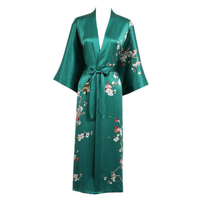 women's long Blossom Printing pure Silk Kimono Robes Silk Bathrobe