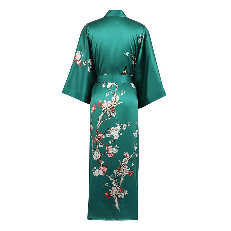 women's long Blossom Printing pure Silk Kimono Robes Silk Bathrobe