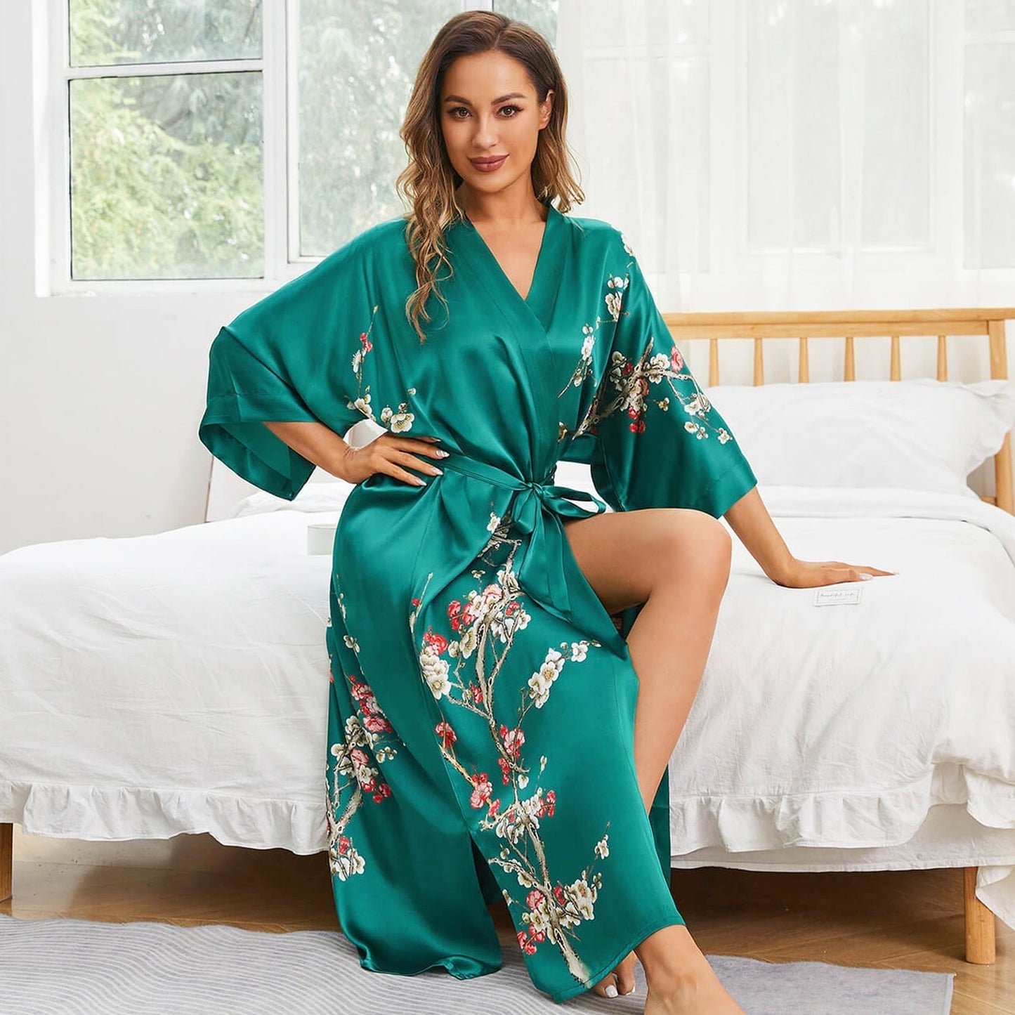 women's long Blossom Printing pure Silk Kimono Robes Silk Bathrobe