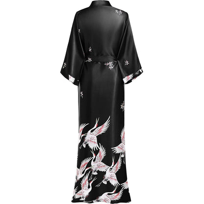 womens long Crane Prints pure silk kimono Bathrobe