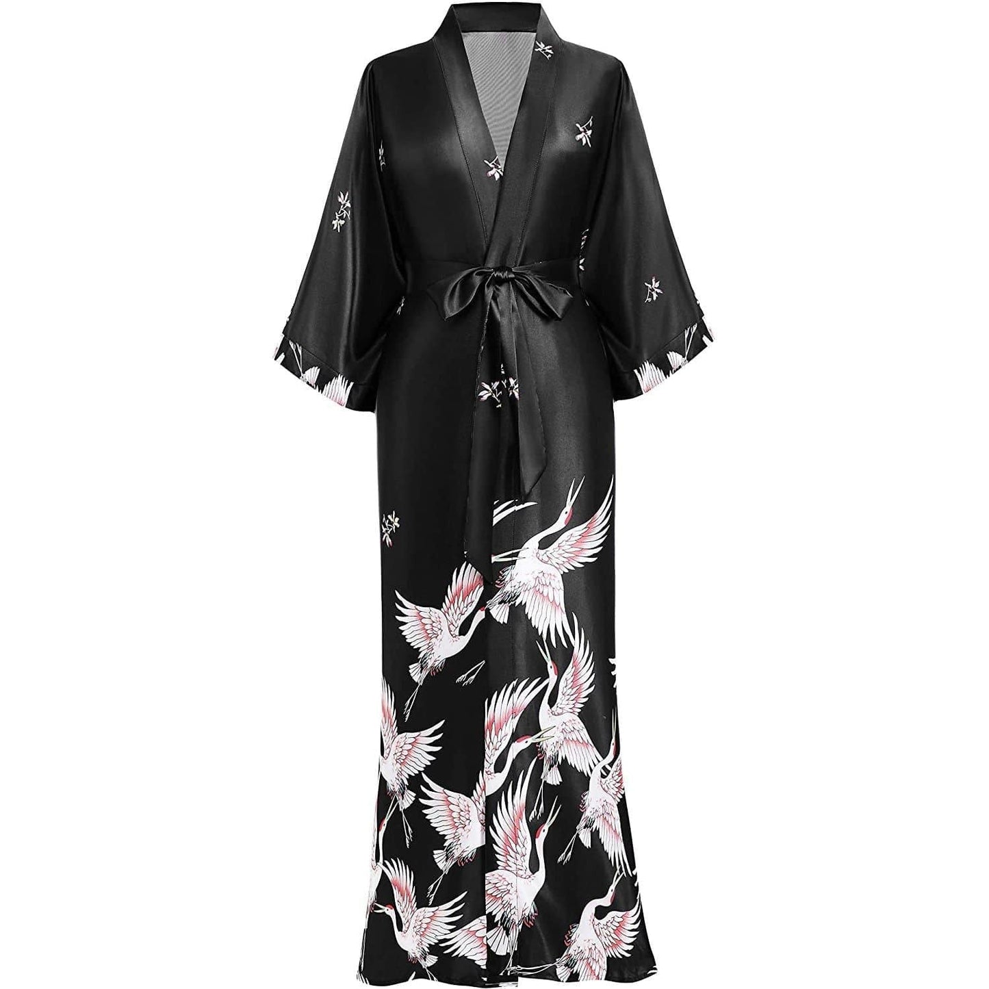 womens long Crane Prints pure silk kimono Bathrobe