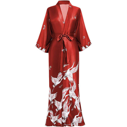 womens long Crane Prints pure silk kimono Bathrobe