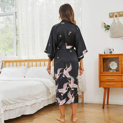 womens long Crane Prints pure silk kimono Bathrobe