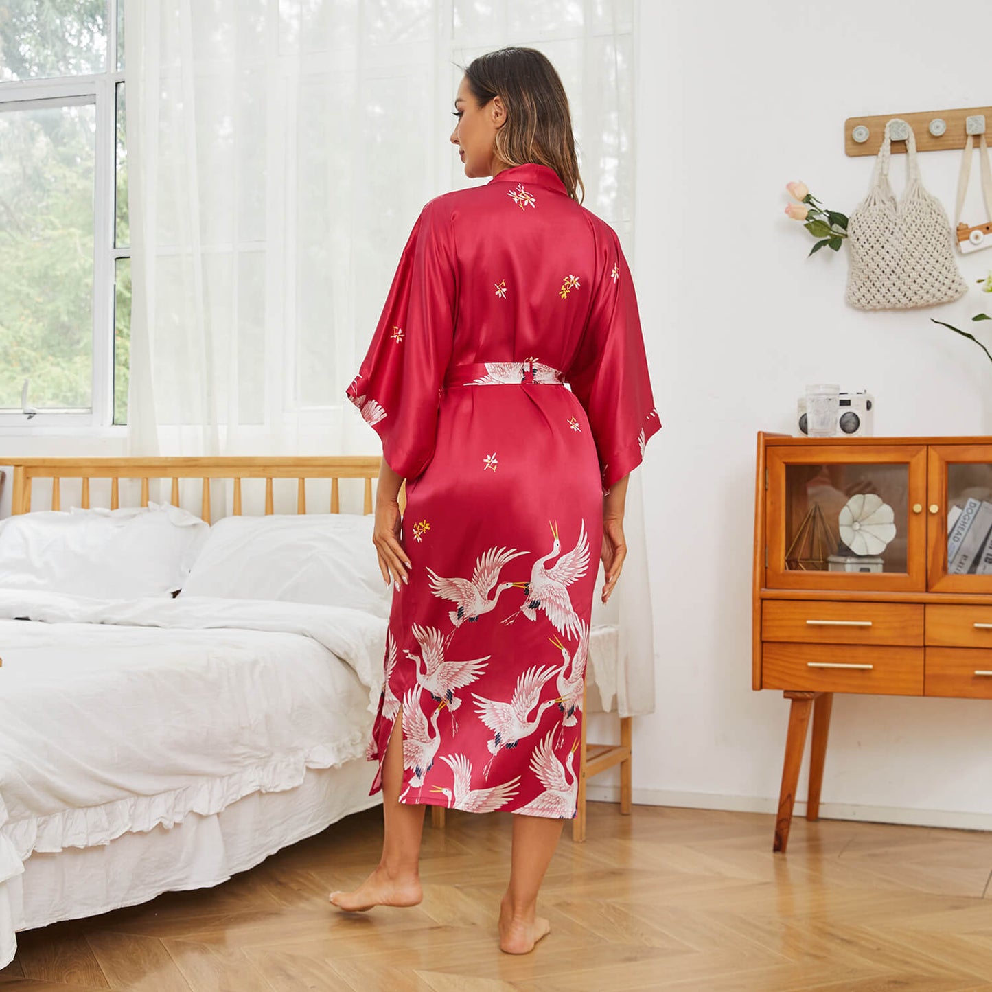 womens long Crane Prints pure silk kimono Bathrobe