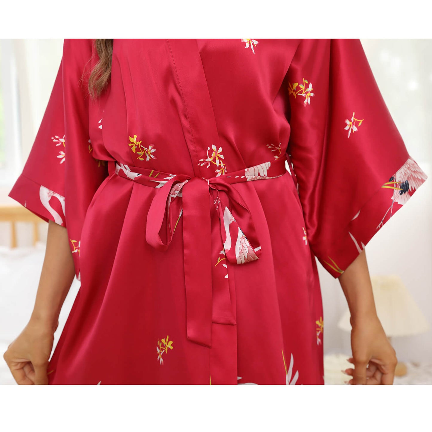 womens long Crane Prints Silk Robes 100% Mulberry pure silk kimono