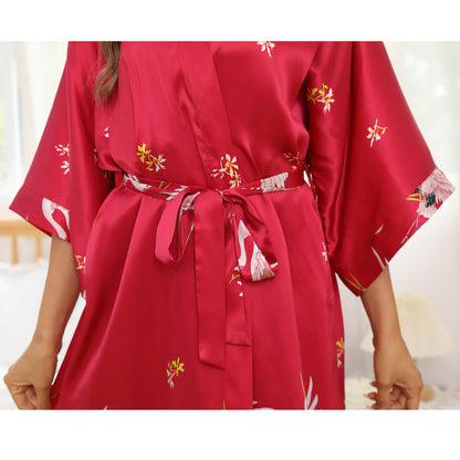 womens long Crane Prints Silk Robes 100% Mulberry pure silk kimono