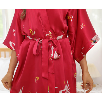 womens long Crane Prints Silk Robes 100% Mulberry pure silk kimono