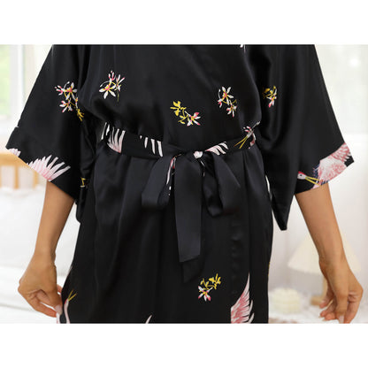 womens long Crane Prints Silk Robes 100% Mulberry pure silk kimono