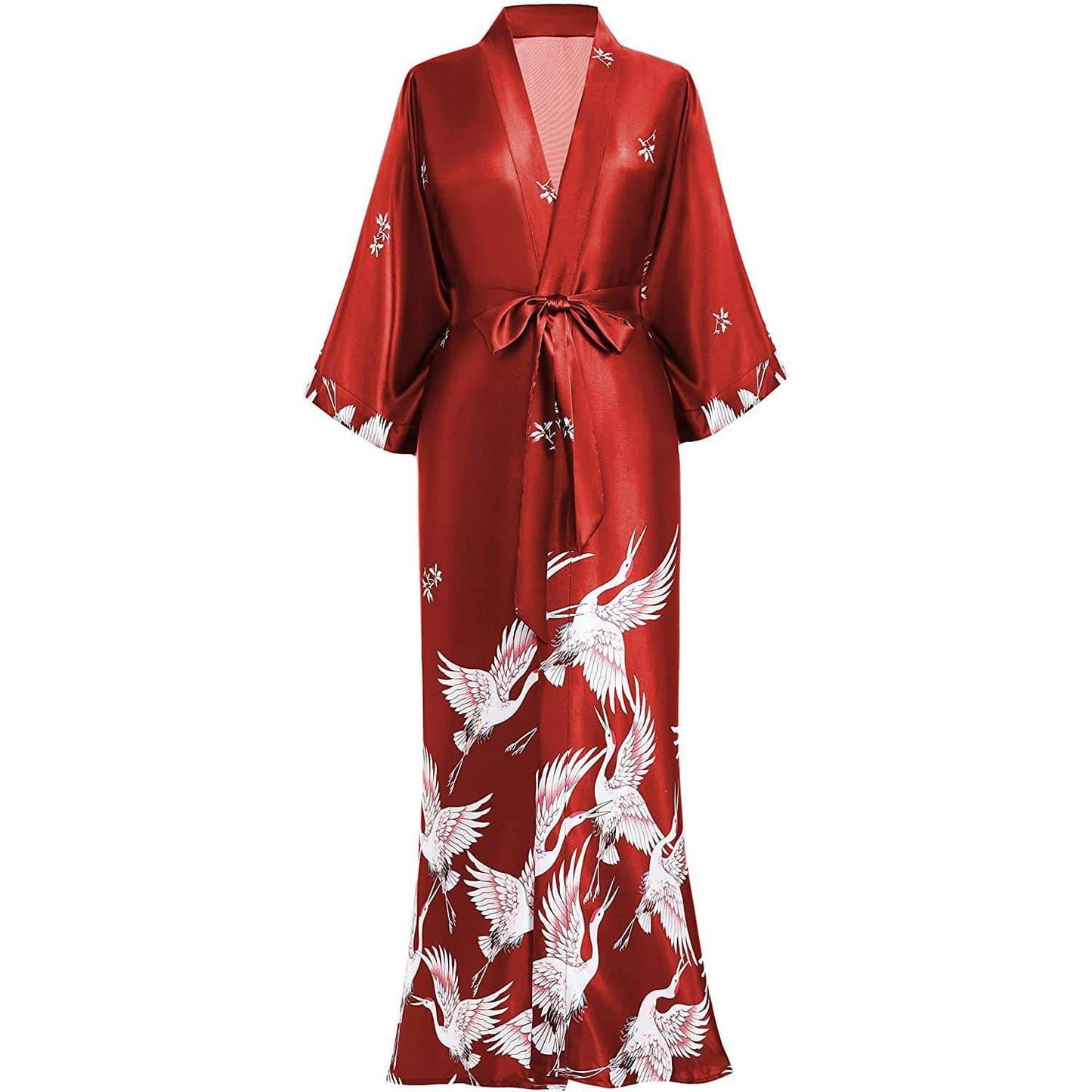 womens long Crane Prints Silk Robes 100% Mulberry pure silk kimono