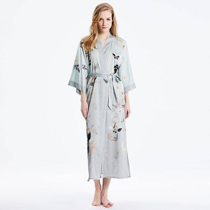 womens Long floral pure Silk Kimono Robes 100% Mulberry Silk Robe