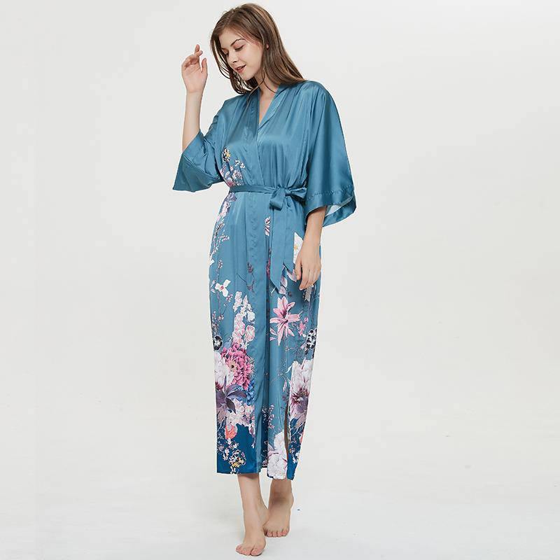 women's long floral silk kimono Robes Mulberry Dressing Gown