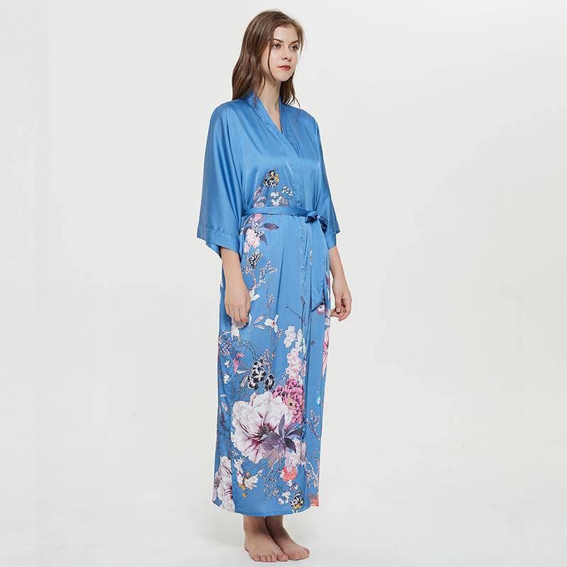 women's long floral silk kimono Robes Mulberry Dressing Gown