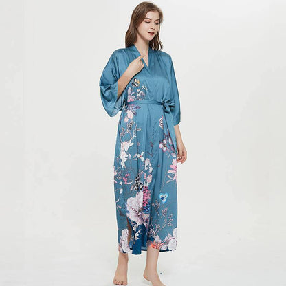 women's long floral silk kimono Robes Mulberry Dressing Gown