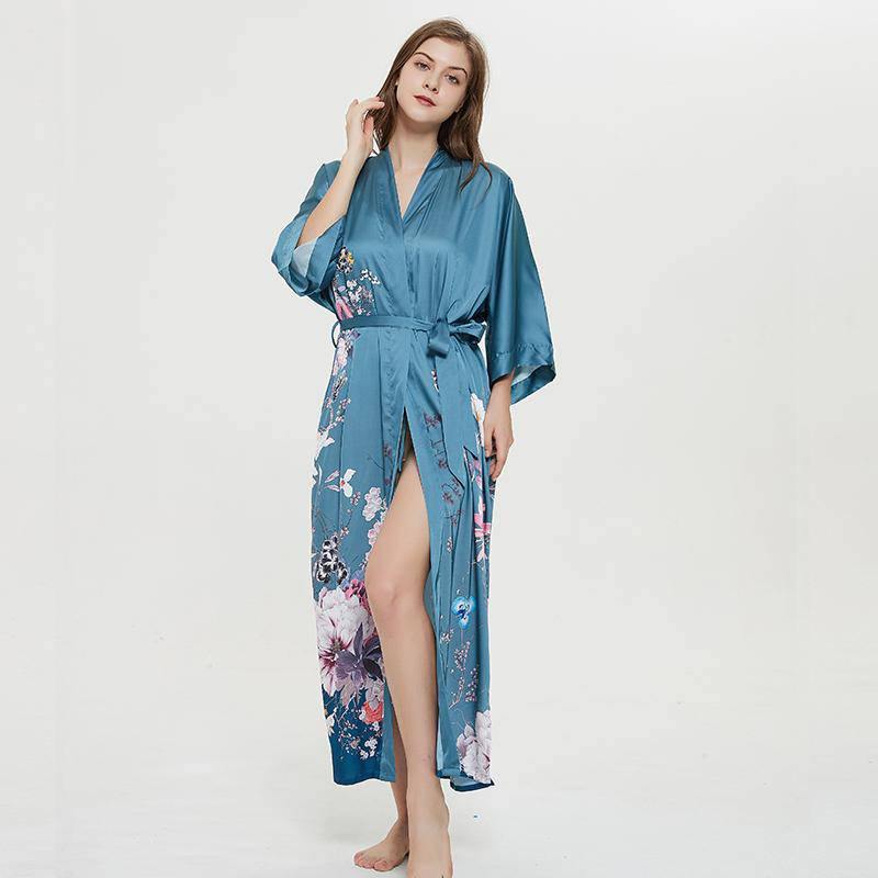 women's long floral silk kimono Robes Mulberry Dressing Gown