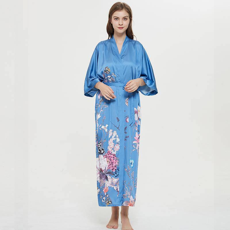 women's long floral silk kimono Robes Mulberry Dressing Gown