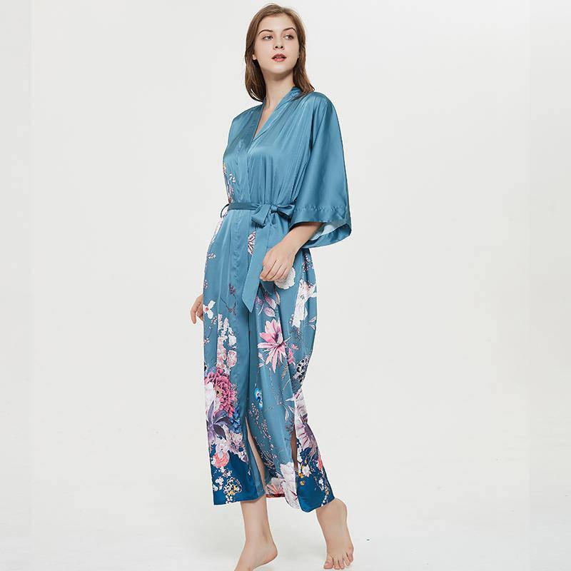 women's long floral silk kimono Robes Mulberry Dressing Gown