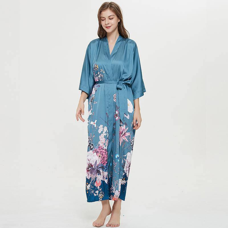 women's long floral silk kimono Robes Mulberry Dressing Gown