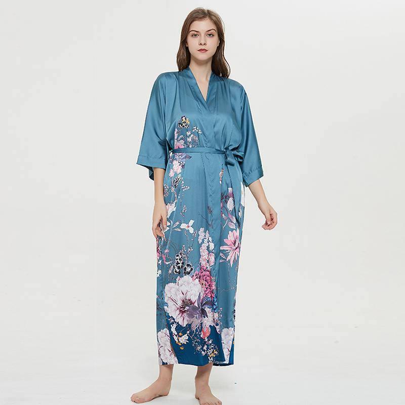 women's long floral silk kimono Robes Mulberry Dressing Gown