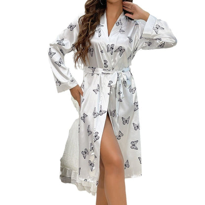 womens Long Silk Robes Butterfly print 100% Mulberry silk Bathrobe