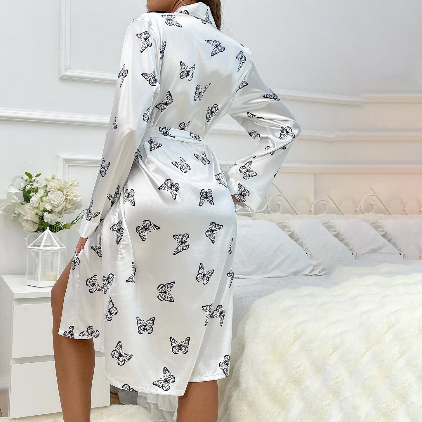 womens Long Silk Robes Butterfly print 100% Mulberry silk Bathrobe