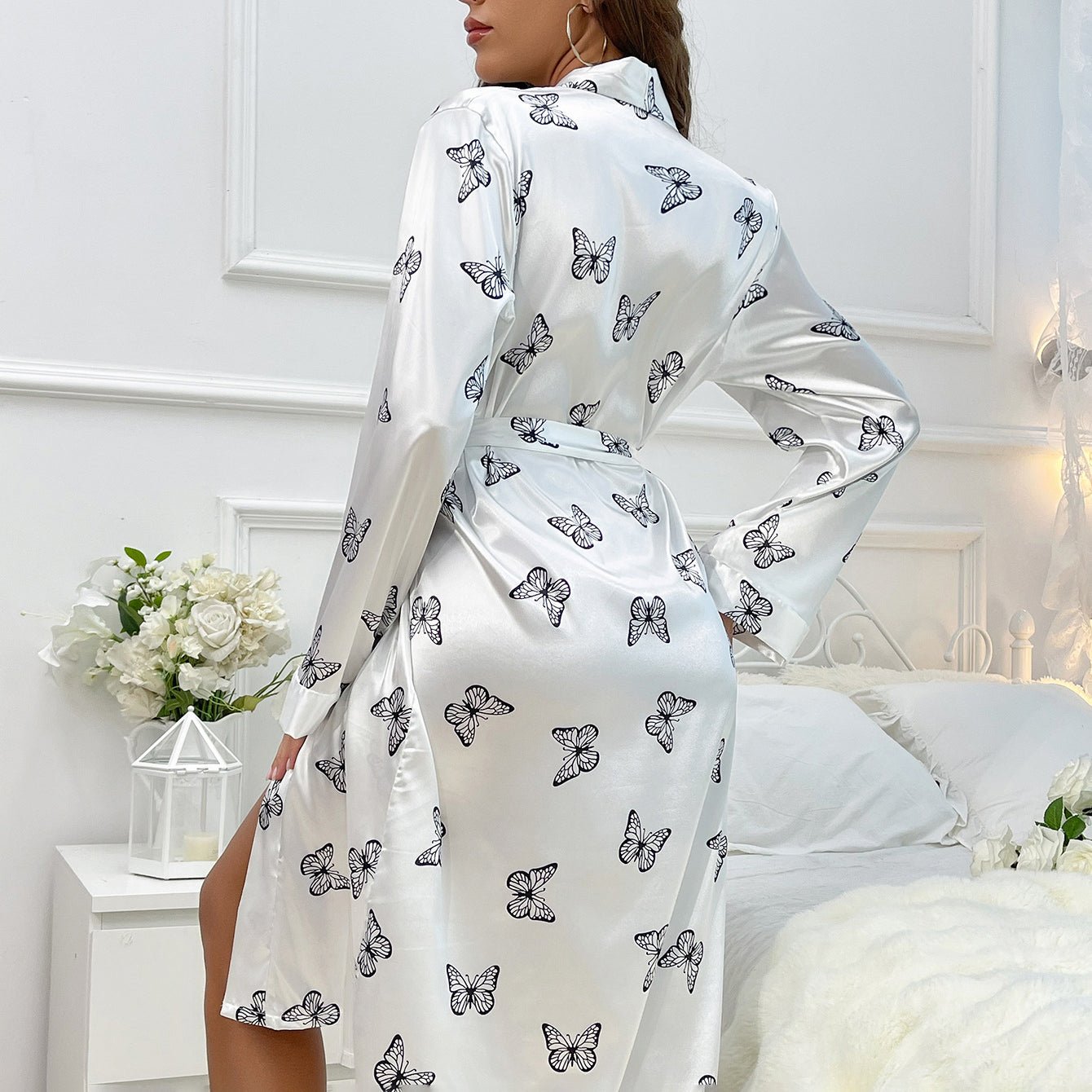 womens Long Silk Robes Butterfly print 100% Mulberry silk Bathrobe