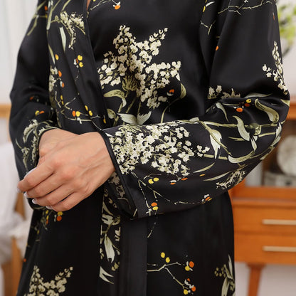 Womens Long Silk Robes Flower Print 100% Mulberry Silk Bathrobe