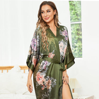 Women's Luxury Peony Floral Print Long 100% Mulberry Silk Kimono Robe