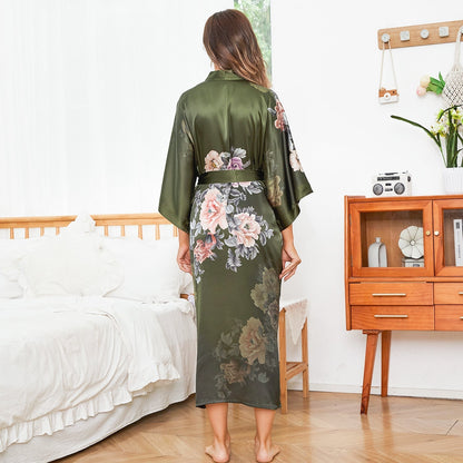 Women's Luxury Peony Floral Print Long 100% Mulberry Silk Kimono Robe