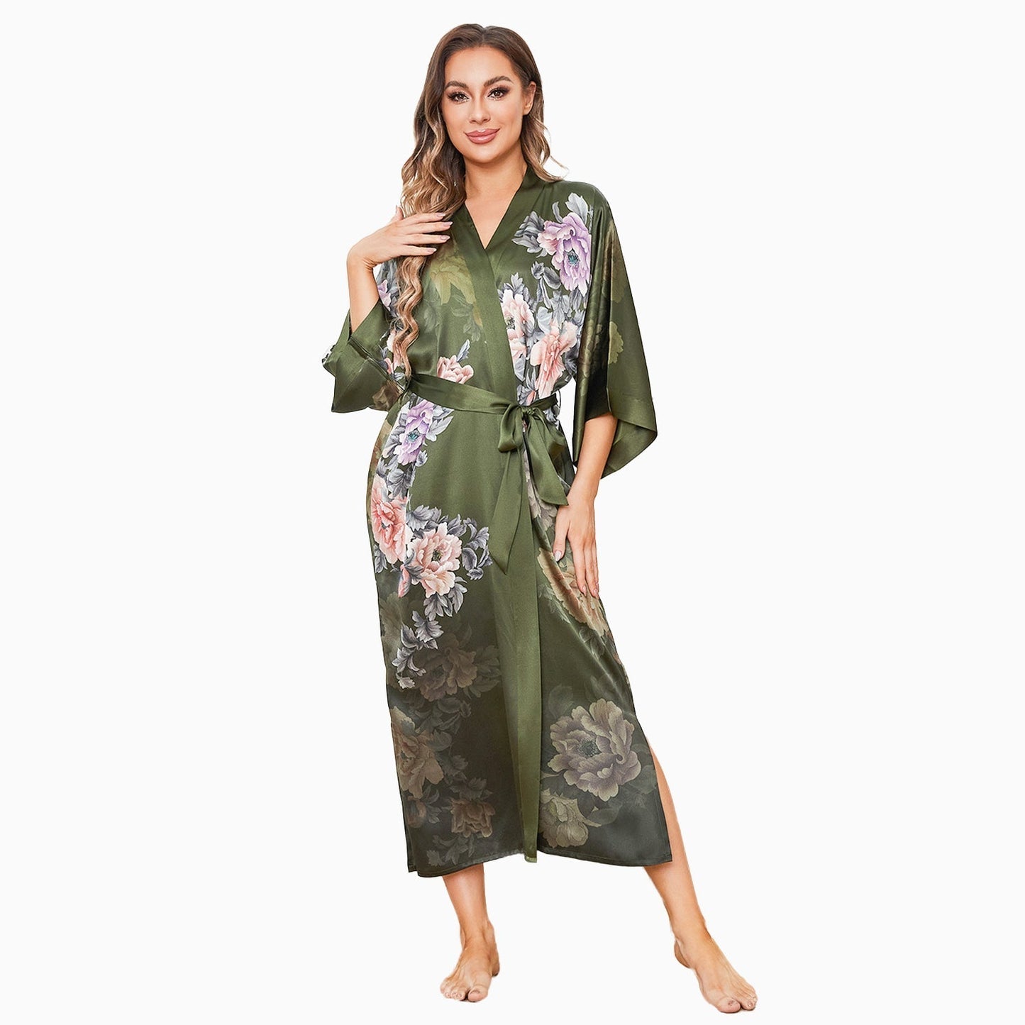 Women's Luxury Peony Floral Print Long 100% Mulberry Silk Kimono Robe