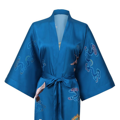 womens Mulberry pure phoenix crane Silk Kimono Robe with sash Silk Dressing Gown