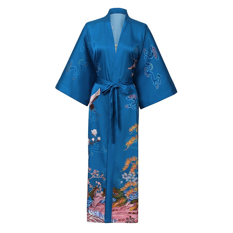 womens Mulberry pure phoenix crane Silk Kimono Robe with sash Silk Dressing Gown