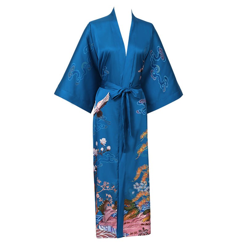 womens Mulberry pure phoenix crane Silk Kimono Robe with sash Silk Dressing Gown