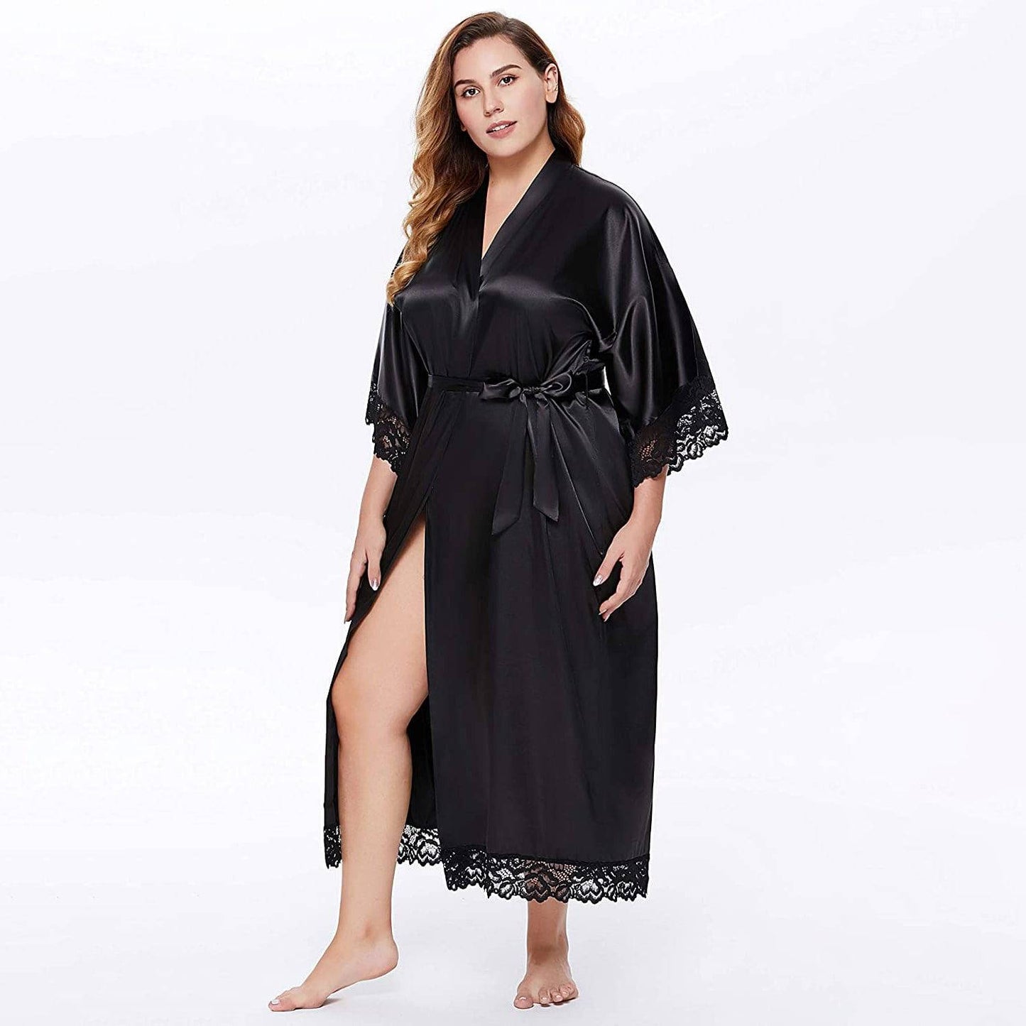 Womens plus size silk Robes Mulberry pure Silk Kimono with lace