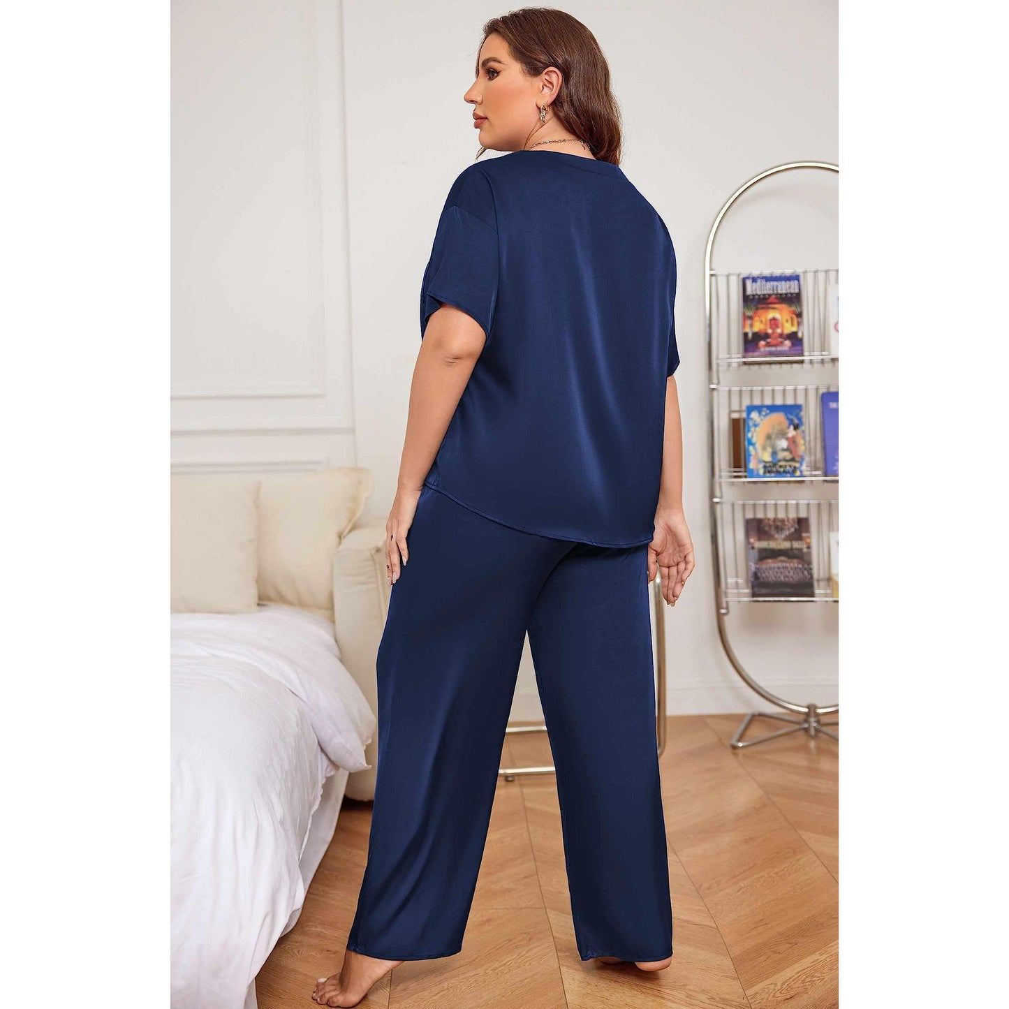 Women's plus size silk Sleepwear Mulberry Short-Sleeve Silk Pajama Set