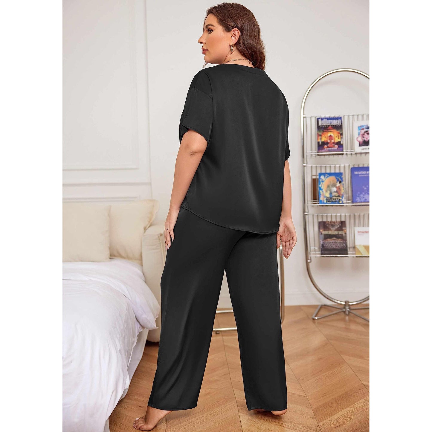 Women's plus size silk Sleepwear Mulberry Short-Sleeve Silk Pajama Set