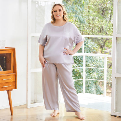 Women's plus size silk Sleepwear Mulberry Short-Sleeve Silk Pajama Set