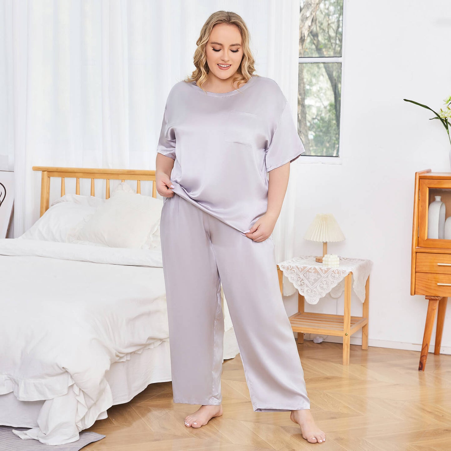 Women's plus size silk Sleepwear Mulberry Short-Sleeve Silk Pajama Set