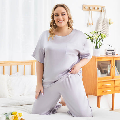 Women's plus size silk Sleepwear Mulberry Short-Sleeve Silk Pajama Set