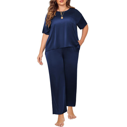 Women's plus size silk Sleepwear Mulberry Short-Sleeve Silk Pajama Set