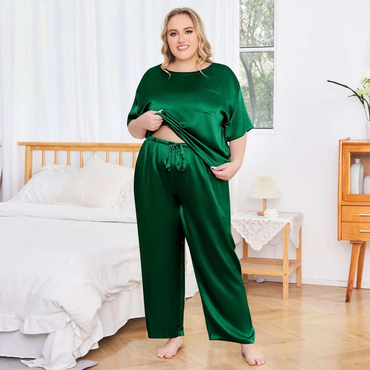 Women's plus size silk Sleepwear Mulberry Short-Sleeve Silk Pajama Set