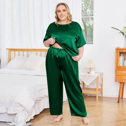 Women's plus size silk Sleepwear Mulberry Short-Sleeve Silk Pajama Set