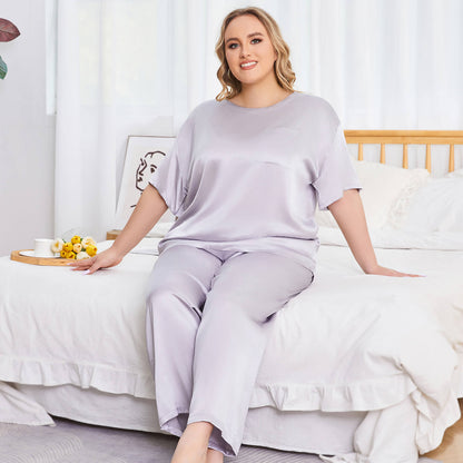 Women's plus size silk Sleepwear Mulberry Short-Sleeve Silk Pajama Set